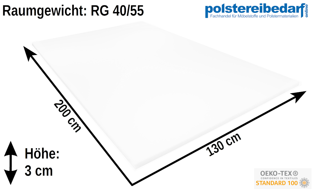 SW Bedding Schaumstoffplatte 200x130cm 2cm - Hoch qualitativer Fester  Schaumstoff Zuschnitt RG40/70 aus Deutscher Fertigung - Bequemes Sitzen und