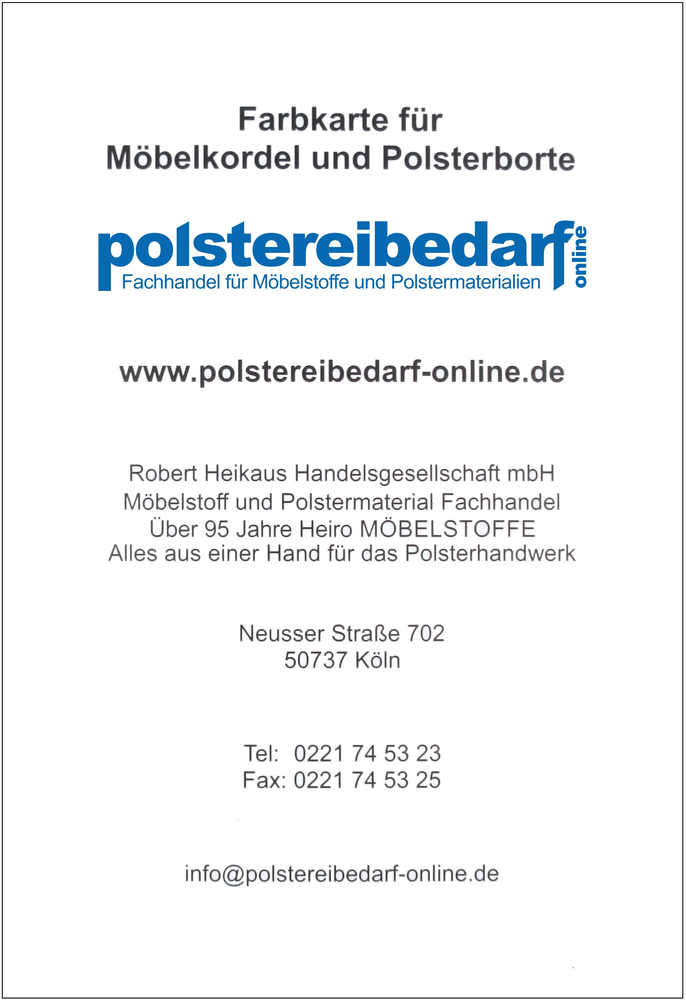 Möbelposamenten Farbkarte mit 25 echten Möbelkordel Farbbeispielen