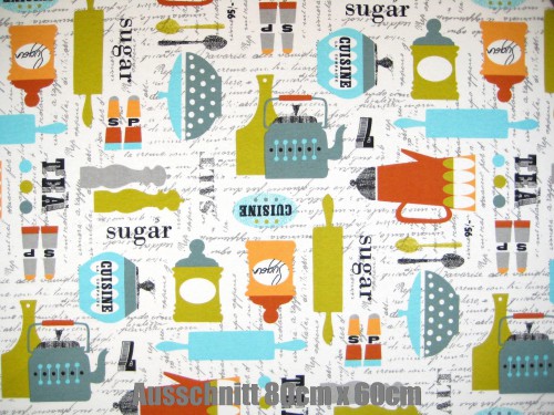 Farbdruck Möbelstoff Kitchen Weiss / Hellblau / Orange / Grün